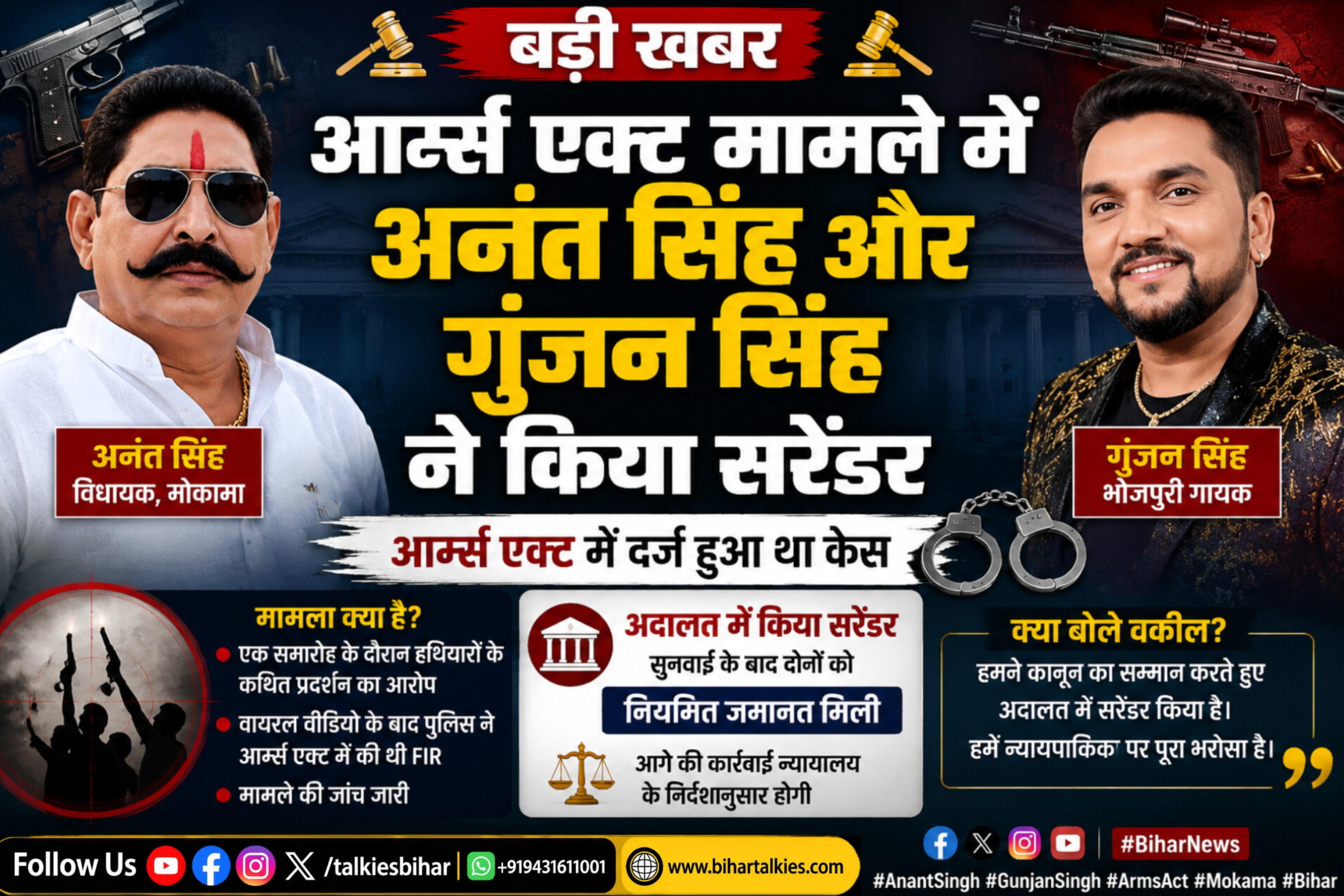 आर्म्स एक्ट मामले में मोकामा विधायक अनंत सिंह और भोजपुरी गायक गुंजन सिंह ने किया सरेंडर